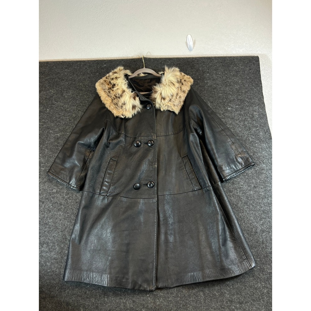 VTG 1960s Black Leather Swing Coat Animal Print Lynx Fur Collar Jacket Womens L